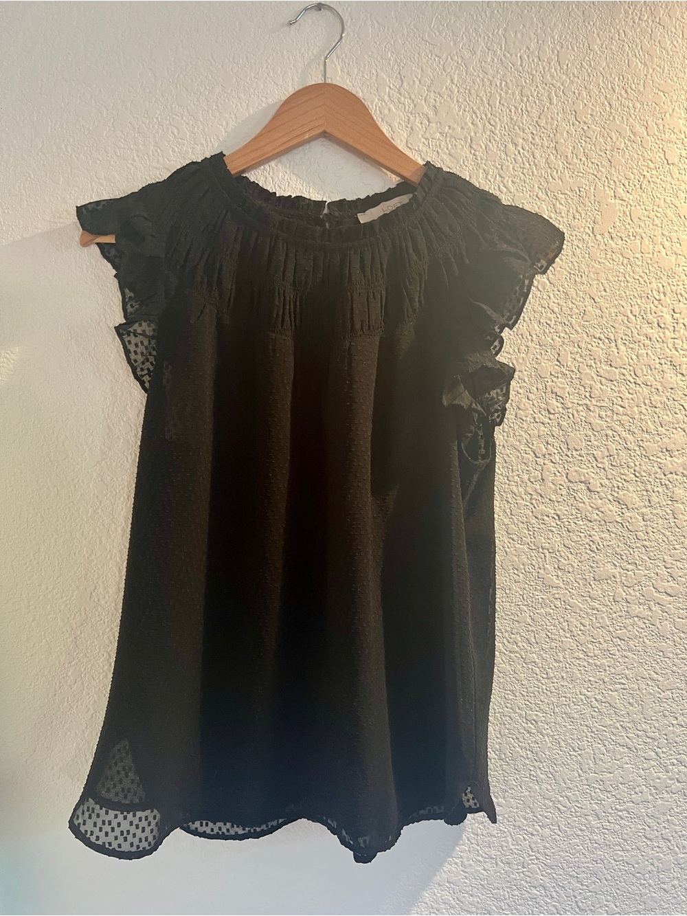 LOFT Black Clip Dot Smocked Flutter Sleeve Blouse M